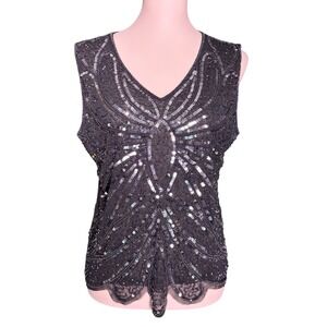 SM Collection Black Beaded Sequin Butterfly Mesh Top V-Neck Sleeveless Large